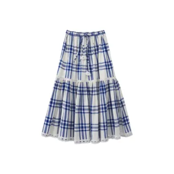 Homemade Willow Silk Casual Long Skirts Women's Blue White Plaid