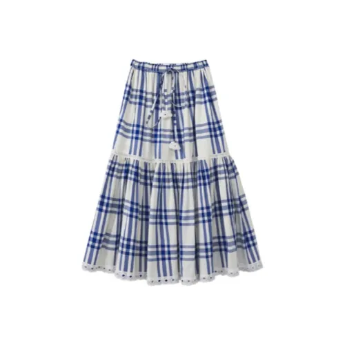 Homemade Willow Silk Casual Long Skirts Women's Blue White Plaid