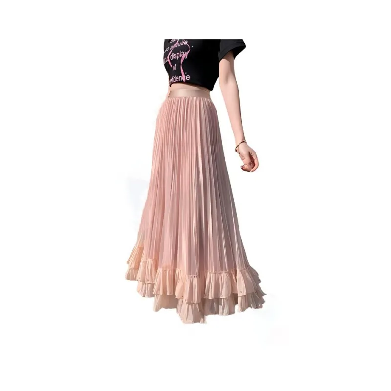 HTHK Casual Long Skirt Women's Black/Apricot/Pink-9