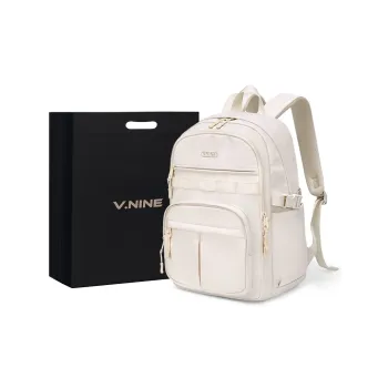 V.NINE Fabric Laptop Bag Backpack Backpack Large Size Unisex Almond White/Glutinous Beige Black