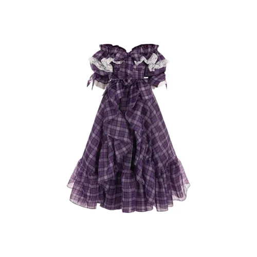 Selkie Collection FW24 Evening Dress Women's Purple Preppy Style Plaid Print