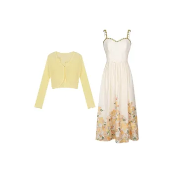 ANNIBUHUO Skirt Set Women's Custard Cardigan+Camisole Dress