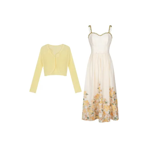 ANNIBUHUO Skirt Set Women's Custard Cardigan+Camisole Dress