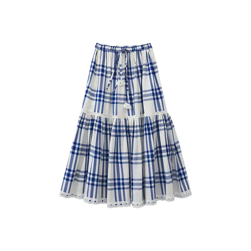 Homemade Willow Silk 2025 Summer Casual Long Skirts Women's Blue White Plaid