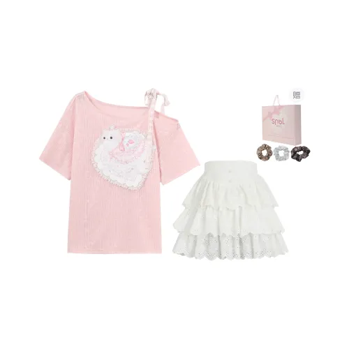 SNBL Two Piece Skirt Sets Women's Pink+White