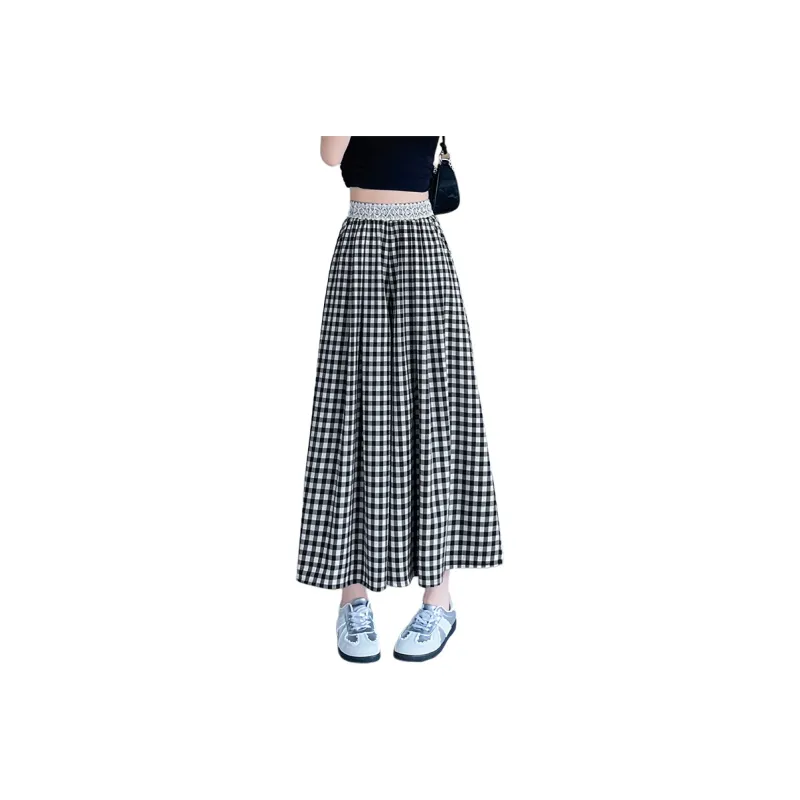 SITOL Casual Long Skirts Women's Black White Plaid-0