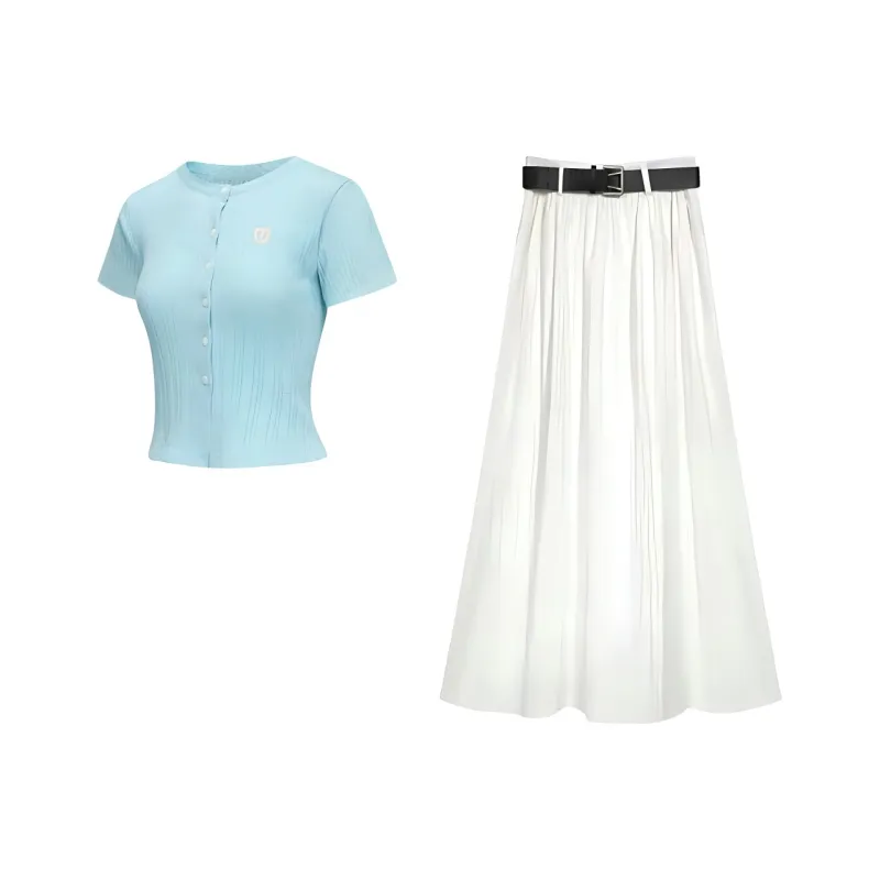 DOKZB Two Piece Skirt Sets Women's Blue Top+White Skirt-0
