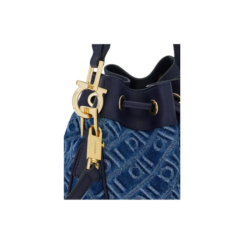 FERRAGAMO Fabric With Calfskin Bucket Bag, One Shoulder Handbag Women's Denim Blue-4