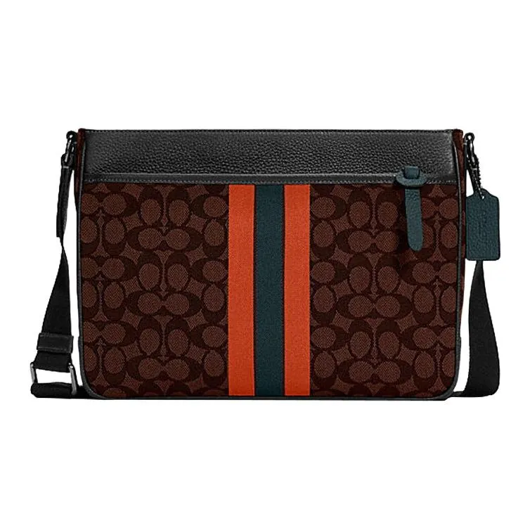 COACH Thompson Canvas Leather Laptop Bag Briefcase Crossbody Bag Large Size Men's Dark Brown Orange Multicolor-0