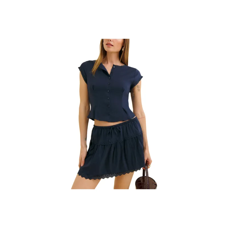 REFORMATION Valetta Two Piece Skirt Set Women's Marine Blue-0
