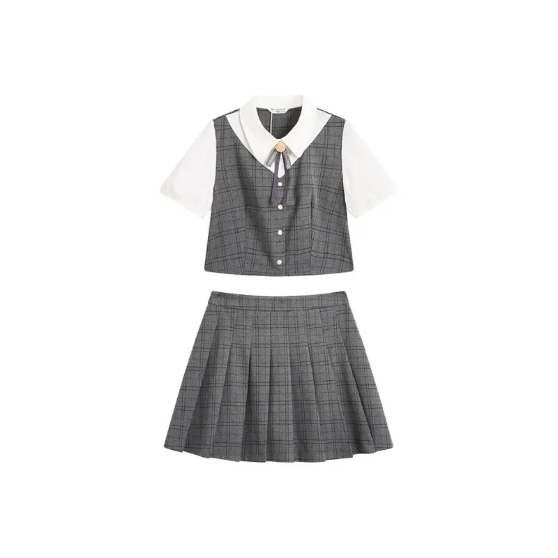 ZIHAN Skirt Set Women's Gray Plaid-0