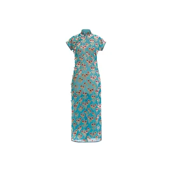 YICHENGFENGXU Cheongsam Women's Turquoise Silk Etched-Out Velvet Small Cap Sleeves
