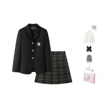 Tokyo Season Uniforms Women's Black Suit+Yellow Green Plaid Skirt, Comes With Shirt+Dust Bag