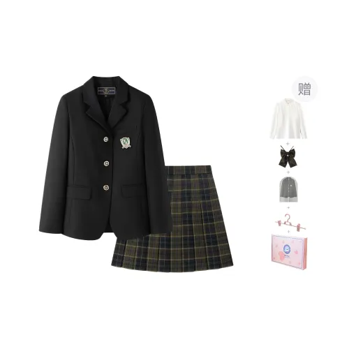 Tokyo Season Uniforms Women's Black Suit+Yellow Green Plaid Skirt, Comes With Free Shirt+Dust Bag