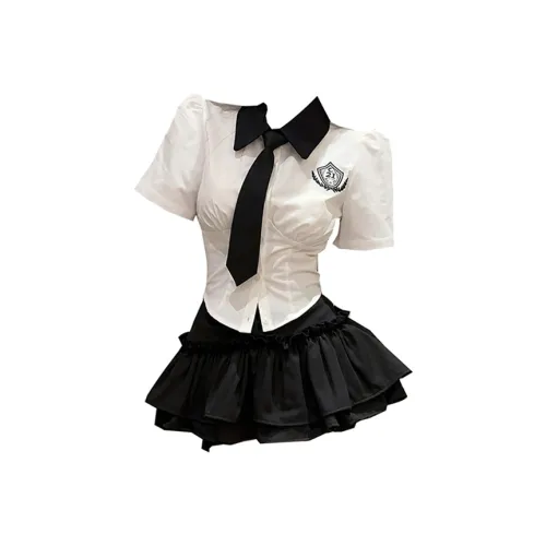 COVT Skirt Set Women's White Shirt Black Skirt Includes Tie