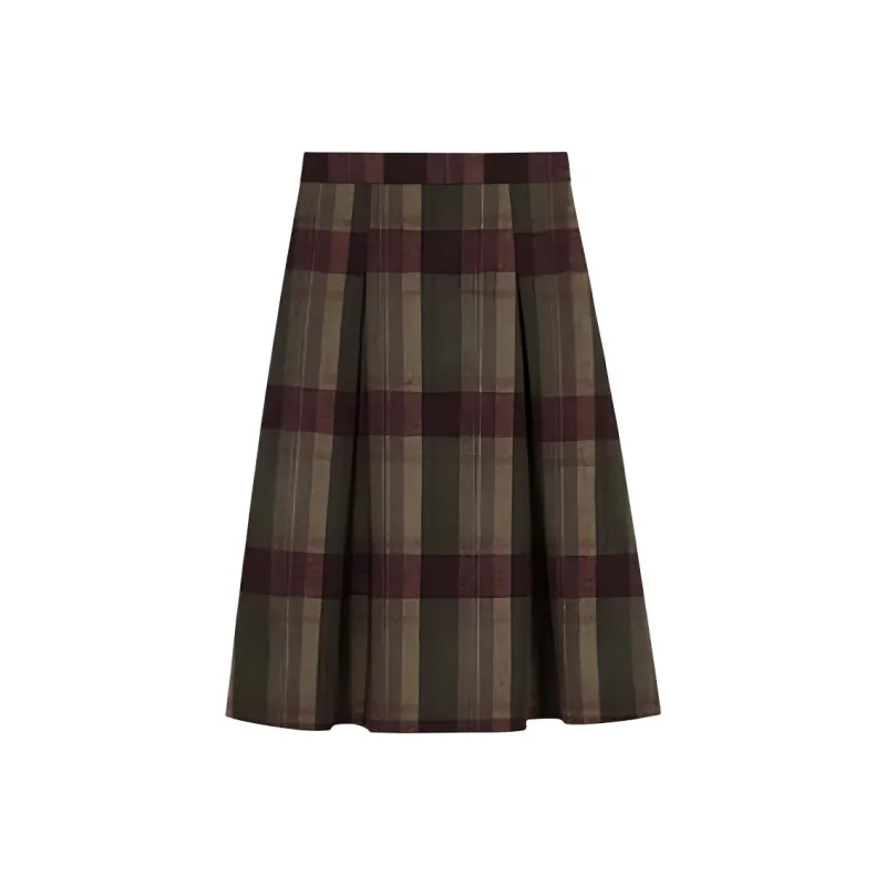 Omont Casual Long Skirt Women's Vintage Green Purple Plaid-0