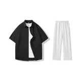 Clothing Set (Black Short-Sleeved Shirt+White Heather Gray Casual Pants)