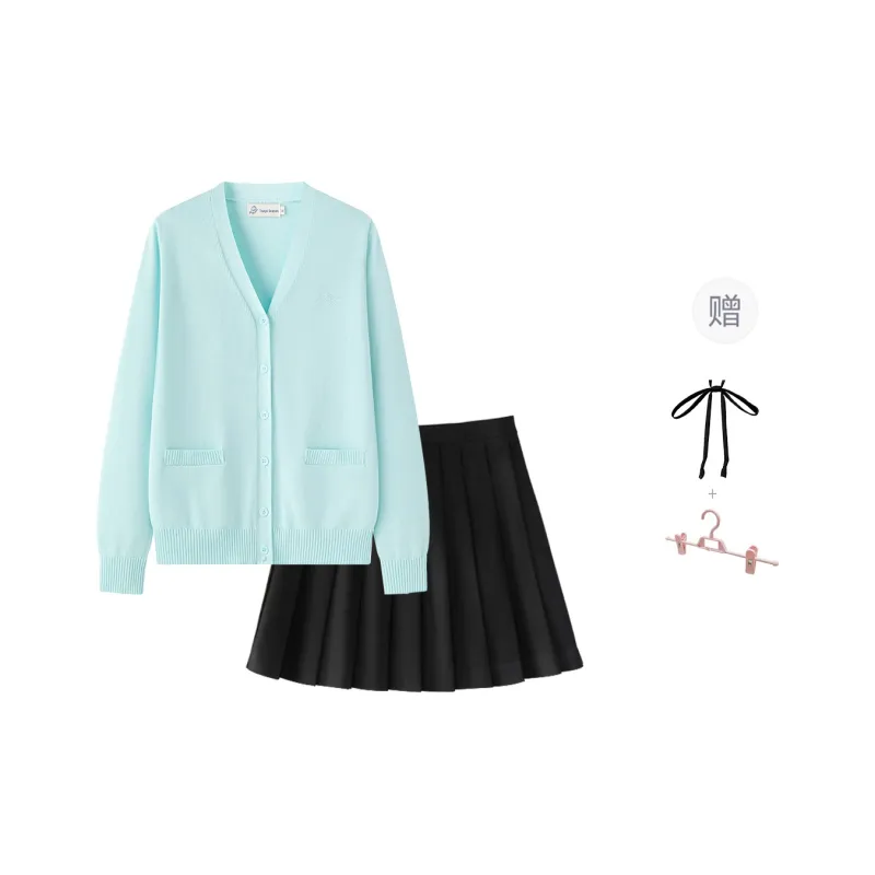 Tokyo Season Uniforms Women's Aqua Blue Sweater+Black Pleated Skirt, Comes With Free Turtleneck Cord-0