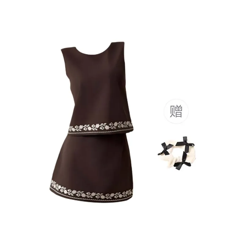 TURN UP Skirt Set Women's Brown Two Piece Set+Bowknot Hair Tie Comes With-0