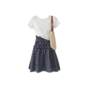 Lookinto Skirt Set Women's White Top/Blue & White Skirt