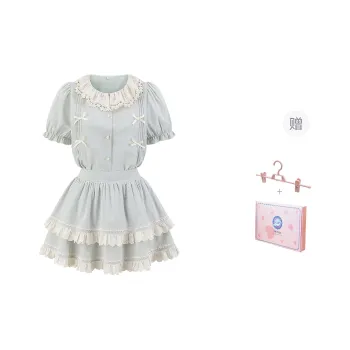 Tokyo Season Uniform Women's Gift Box Set, Dusty Blue Short Sleeved Shirt+Skirt Includes Leggings With Skirt Clip