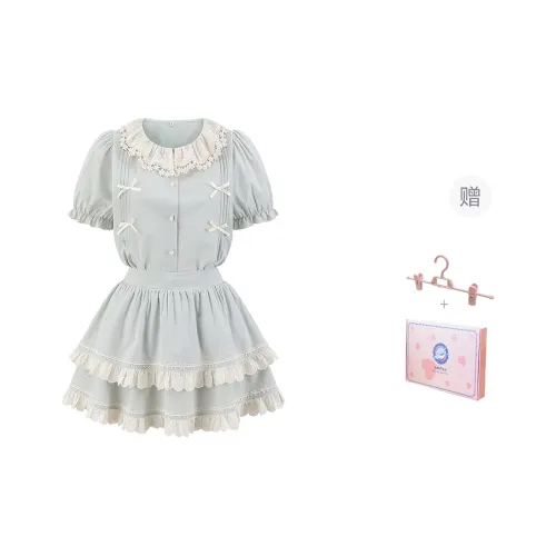 Tokyo Season Uniform Women's Gift Box Set, Dusty Blue Short Sleeved Shirt+Skirt Includes Long leggings With Skirt Clip