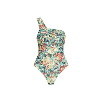 GANNI Printed Ruffle Bandeau Bikini Top