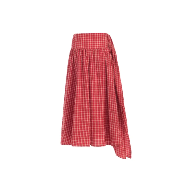 ZXZA Casual Long Skirt Women's Red Plaid-0