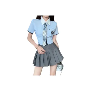 Garbege Uniform Women's Blue Shirt Tie Gray Skirt Set