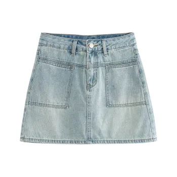Initial Language Denim Short Skirts Women's Light Blue