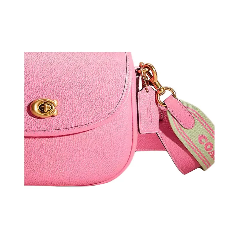 COACH Willow Pebble Leather Saddle Bag, Shoulder Bag, Crossbody Bag Small Size Women's Brass & Geranium Pink-1