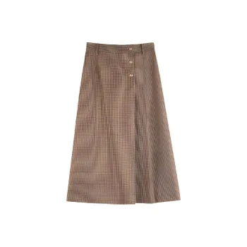 SOLIGHTER Casual Long Skirt Women's Red Brown Plaid