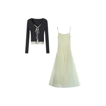 JOSR Two Piece Skirt Sets Women's Black Coat/Green Skirt