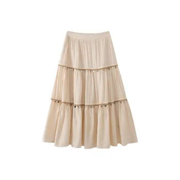 Homemade Willow Silk Casual Long Skirt Women's Bosie Apricot