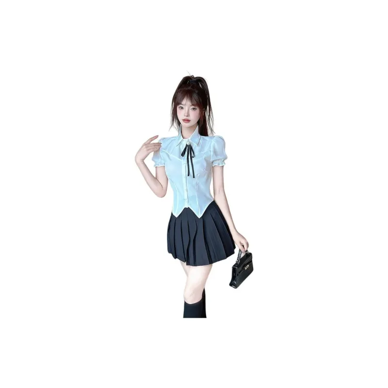 DGMZ Uniforms Women's White Top Bow Tie+Black Skirt Set-0