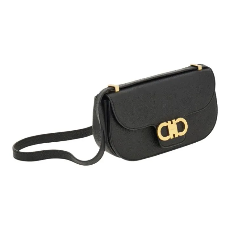 FERRAGAMO GANCINI Cow Leather Shoulder Bag Mini Women's Black-3