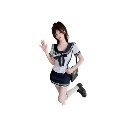 DGMZ Uniforms Women's Shirt Bow Tie Blue Skirt Set