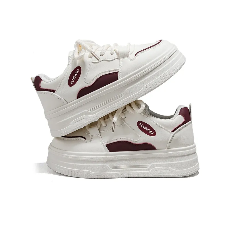 HUANQIU Slip Resistant, Lightweight, And Breathable Low Top Skateboard Shoes Women's Beige Burgundy-2