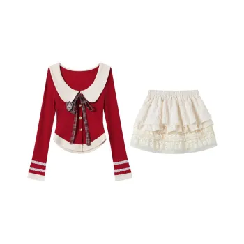 GULIANFEI Skirt Set Women's Red White