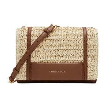 CHARLES&KEITH Synthetic Material Crossbody Bag, Shoulder Bag Women's Natural Raffia Beige/Brown