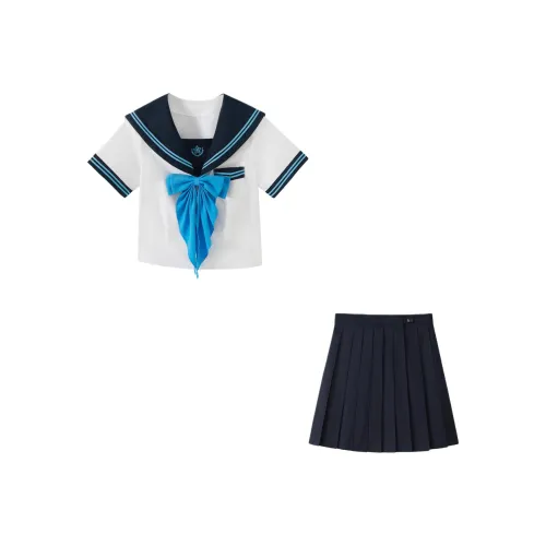 KAZAN Uniforms Women's Short Sleeved Navy Blue Shirt+Navy Blue Pleated Skirt+Blue Bow Tie