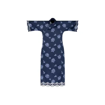 YICHENGFENGXU Cheongsam Women's Navy Blue Print Silk Elastic Satin