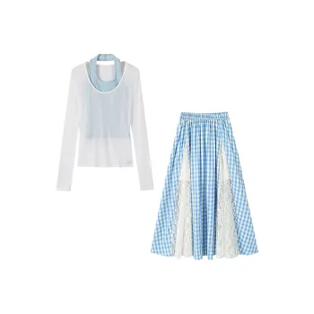 KYKW Two Piece Skirt Sets Women's White Cover Up+Blue Tank Top+Blue Skirt