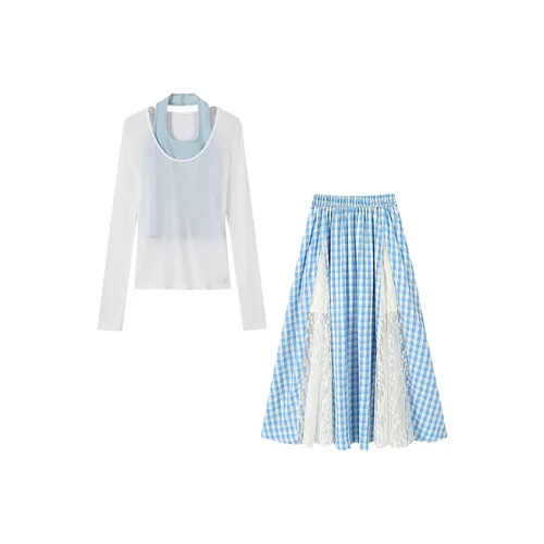 KYKW Two Piece Skirt Sets Women's White Cover Up+Blue Tank Top+Blue Skirt