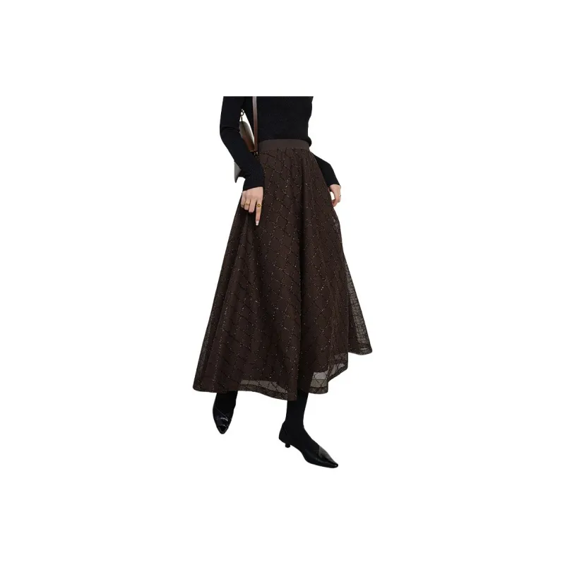 Late White Casual Long Skirts Women's Dark Coffee-0
