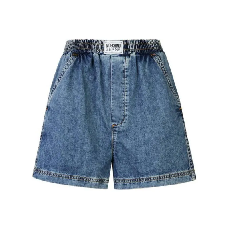 MOSCHINO Logo Appliqué Elasticated Waistband Denim Shorts-0