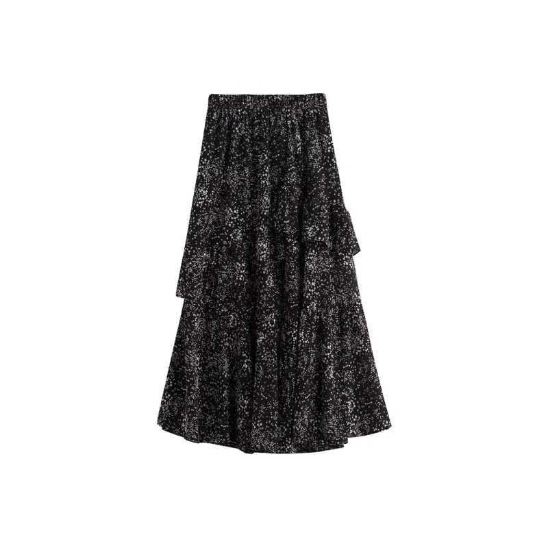 Initial Language Casual Long Skirt Women's Black With White Floral-0