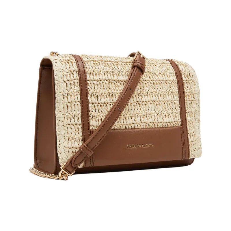 CHARLES&KEITH Synthetic Material Crossbody Bag, Shoulder Bag Women's Natural Raffia Beige/Brown-1