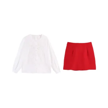BVODE Skirt Set Women's White Shirt+Red Skirt