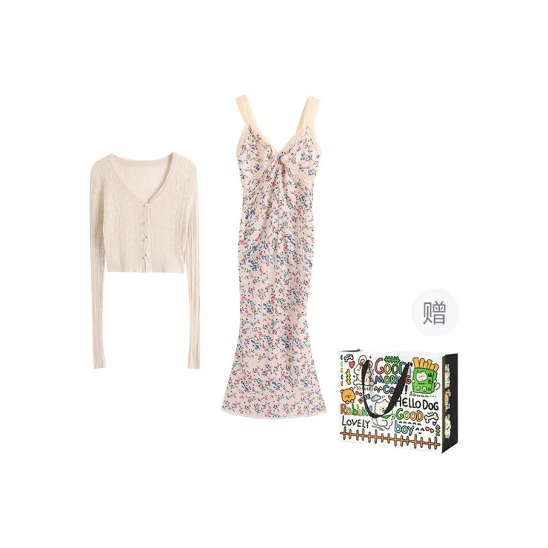 ZVJH Skirt Set Women's Apricot Cardigan+Floral Dress-0